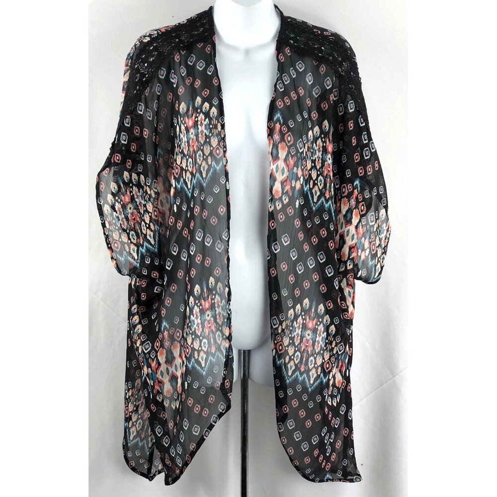 Just Be Sheer Cover Cardigan Top L Blk Geo Lace Dolman Sleeve Open whimsy gothic